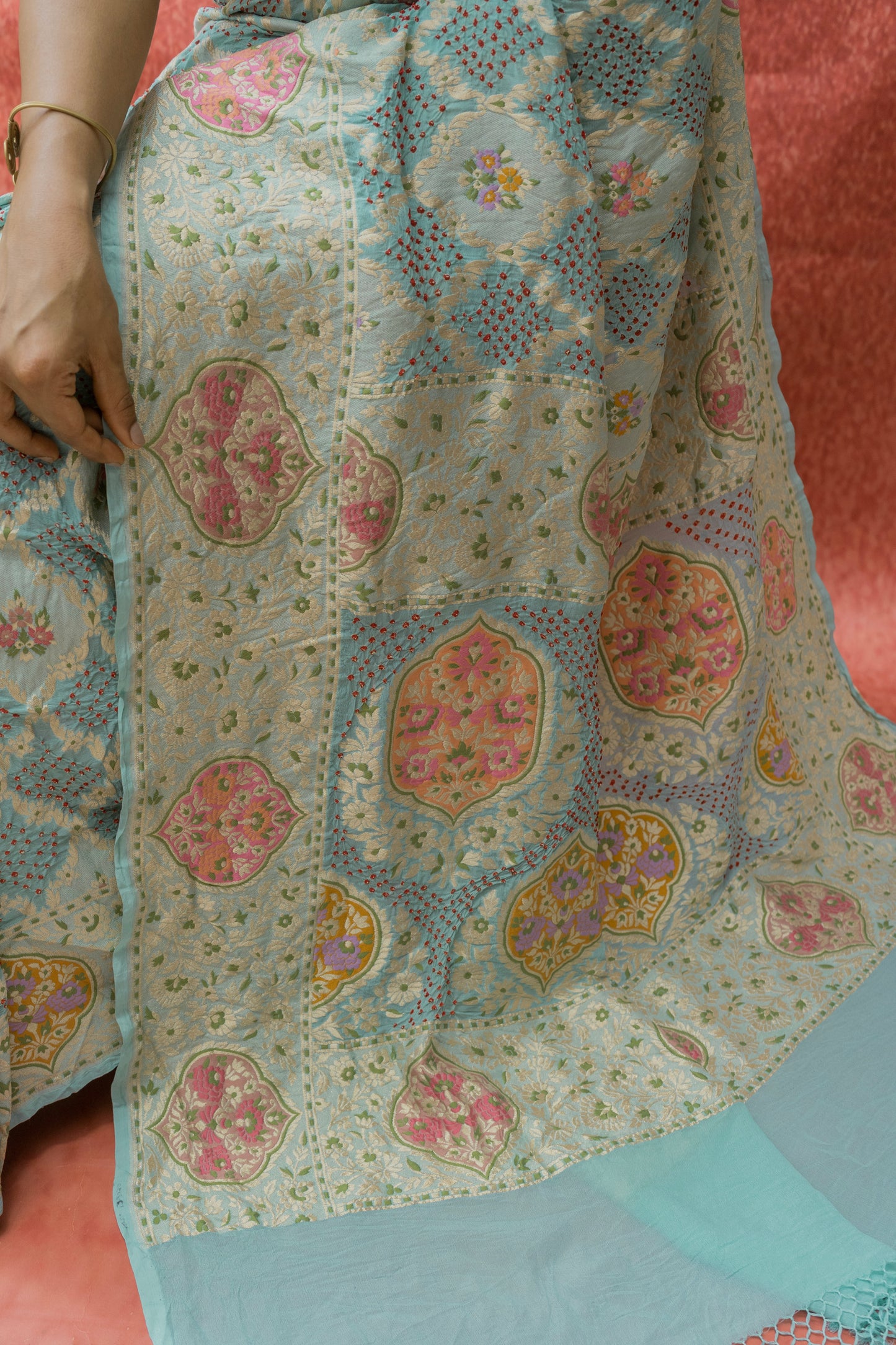 Georgette Parsi Jaal Red Rai Dana Pastel Blue Bandhej Saree