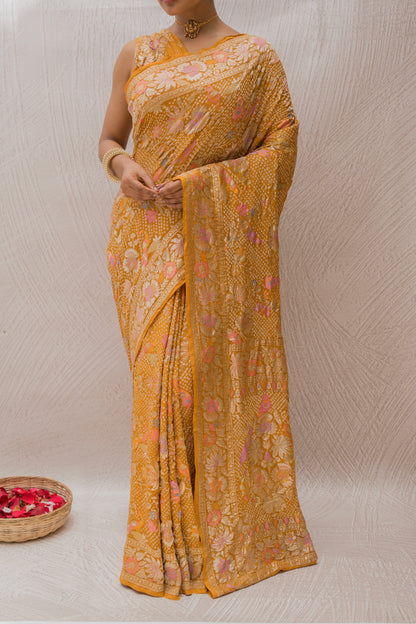 Georgette Figure Meenakari Jaal Mustard Bandhej Saree