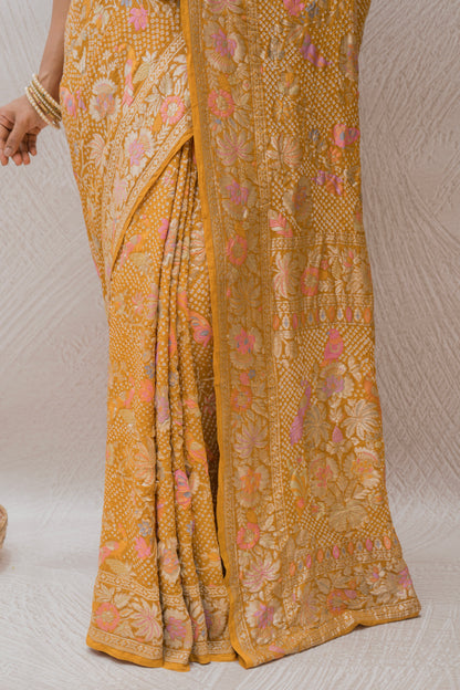 Georgette Figure Meenakari Jaal Mustard Bandhej Saree