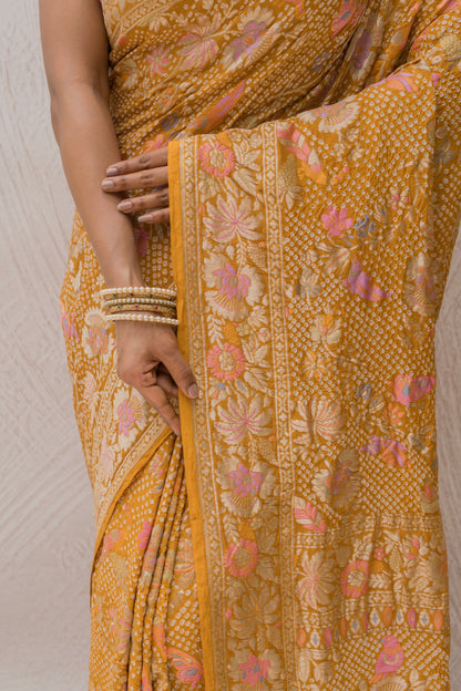Georgette Figure Meenakari Jaal Mustard Bandhej Saree