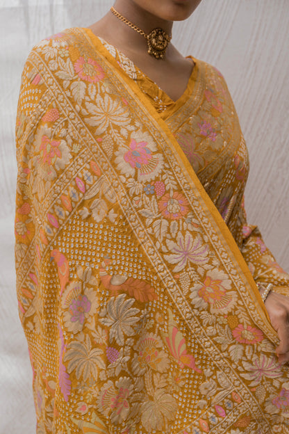Georgette Figure Meenakari Jaal Mustard Bandhej Saree