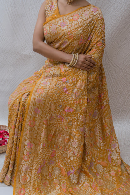 Georgette Figure Meenakari Jaal Mustard Bandhej Saree