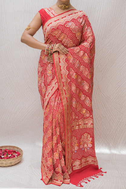 Georgette Floral Leheriya Meenakari Bandhej Red Saree