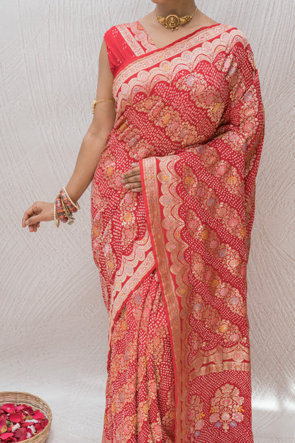 Georgette Floral Leheriya Meenakari Bandhej Red Saree