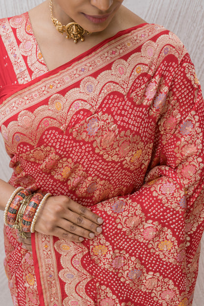 Georgette Floral Leheriya Meenakari Bandhej Red Saree