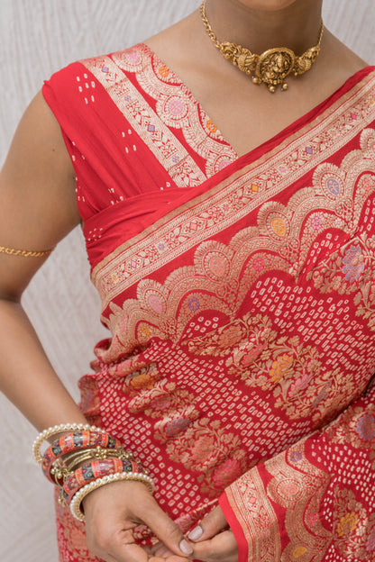 Georgette Floral Leheriya Meenakari Bandhej Red Saree