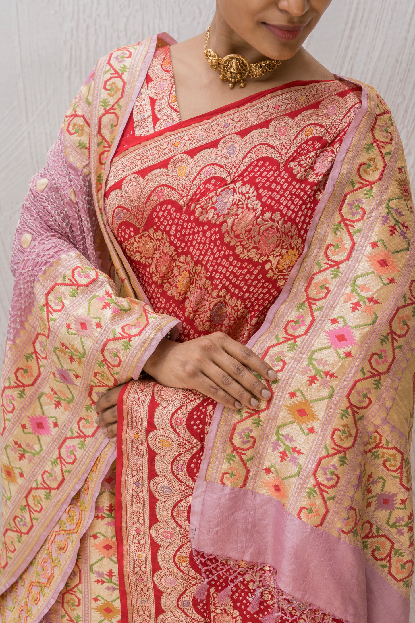 Georgette Floral Leheriya Meenakari Bandhej Red Saree