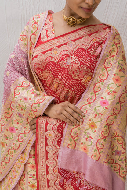 Georgette Floral Leheriya Meenakari Bandhej Red Saree