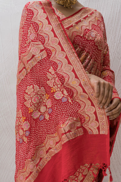 Georgette Floral Leheriya Meenakari Bandhej Red Saree