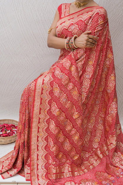 Georgette Floral Leheriya Meenakari Bandhej Red Saree