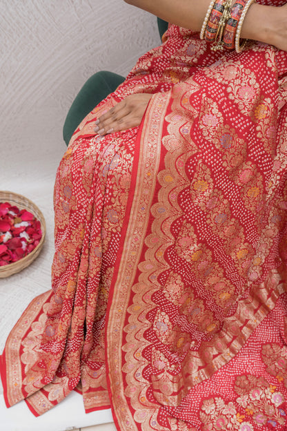 Georgette Floral Leheriya Meenakari Bandhej Red Saree