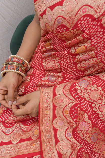 Georgette Floral Leheriya Meenakari Bandhej Red Saree