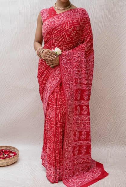 Georgette Lucknowi Red Bandhej Saree