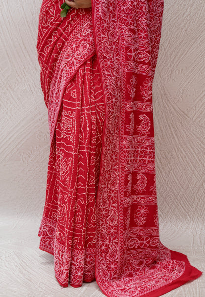 Georgette Lucknowi Red Bandhej Saree