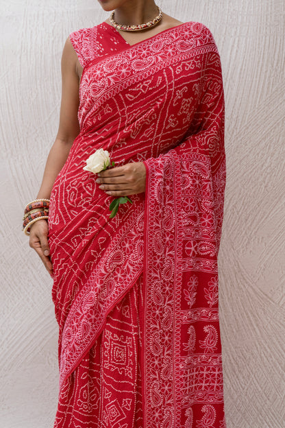 Georgette Lucknowi Red Bandhej Saree