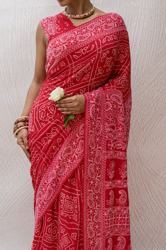Georgette Lucknowi Red Bandhej Saree