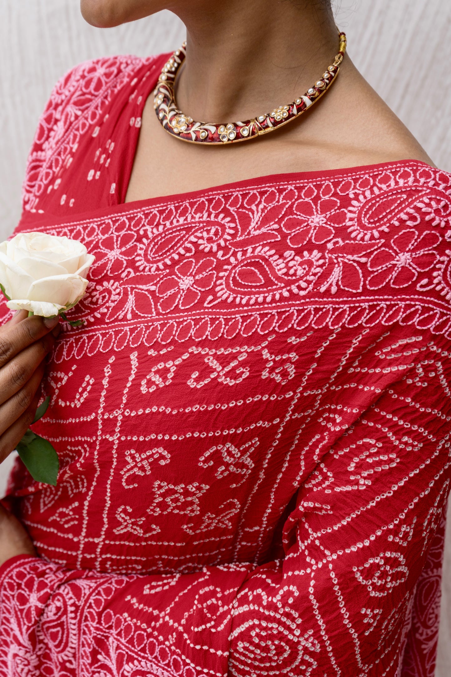 Georgette Lucknowi Red Bandhej Saree