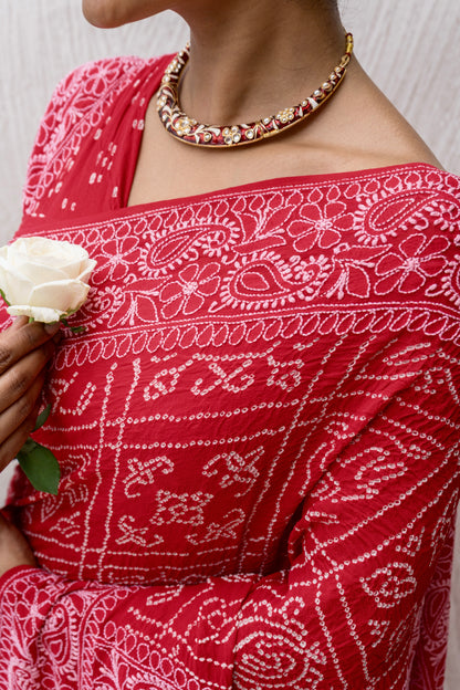 Georgette Lucknowi Red Bandhej Saree