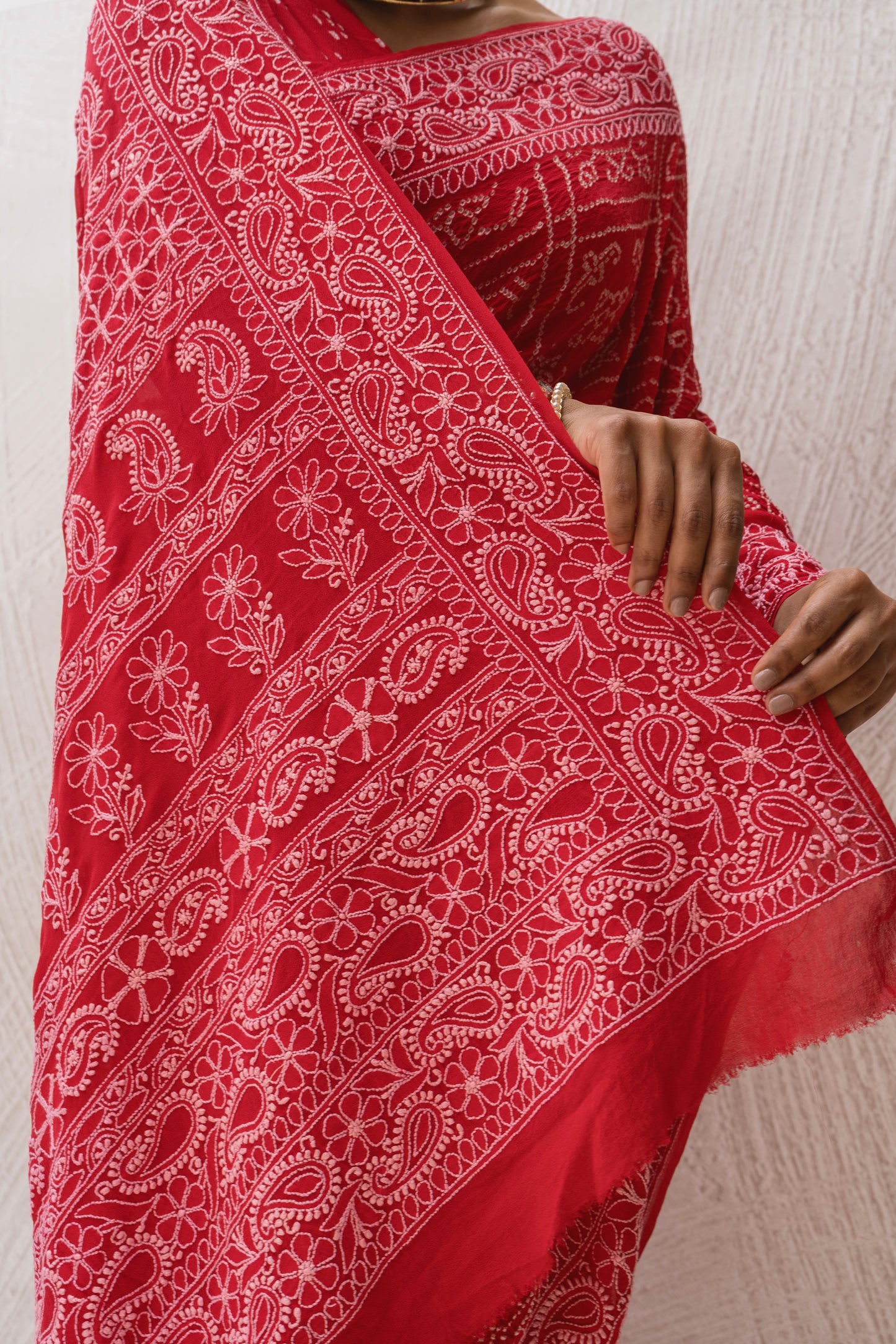 Georgette Lucknowi Red Bandhej Saree
