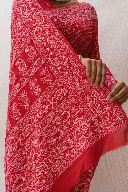 Georgette Lucknowi Red Bandhej Saree
