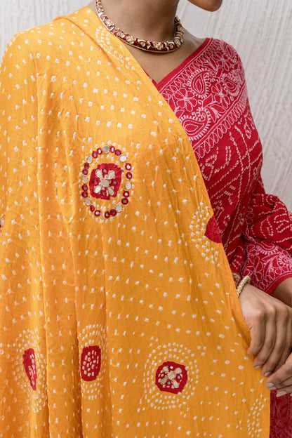 Georgette Lucknowi Red Bandhej Saree