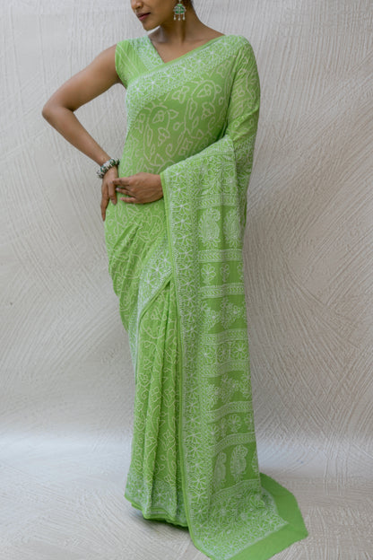 Georgette Lucknowi Light Green Bandhej Saree