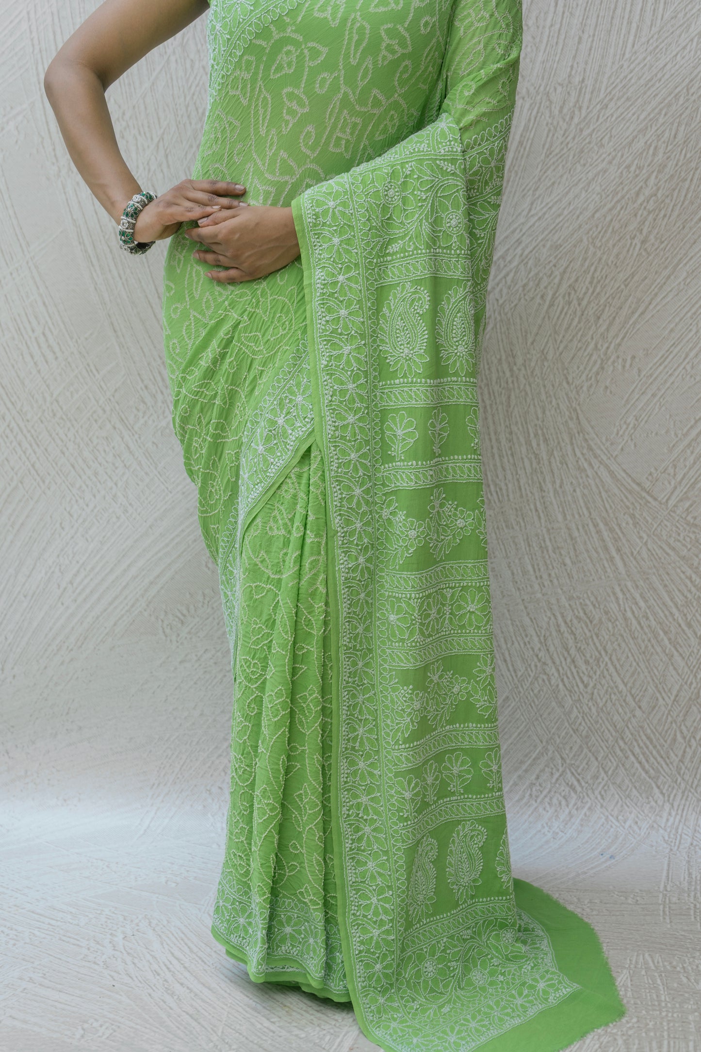 Georgette Lucknowi Light Green Bandhej Saree