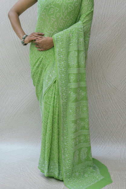 Georgette Lucknowi Light Green Bandhej Saree