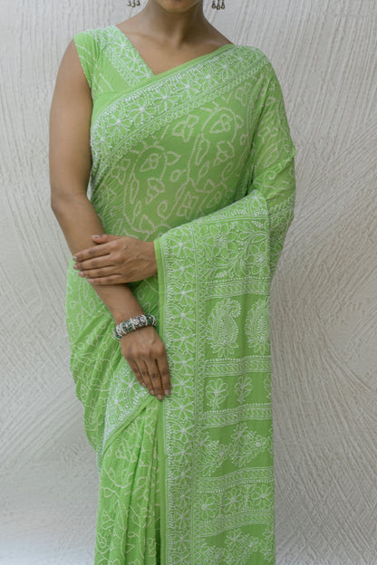 Georgette Lucknowi Light Green Bandhej Saree