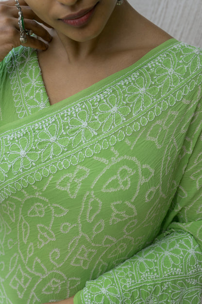 Georgette Lucknowi Light Green Bandhej Saree