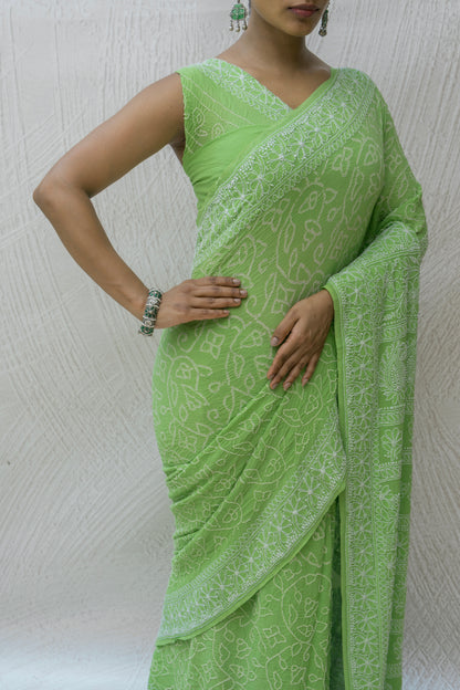 Georgette Lucknowi Light Green Bandhej Saree