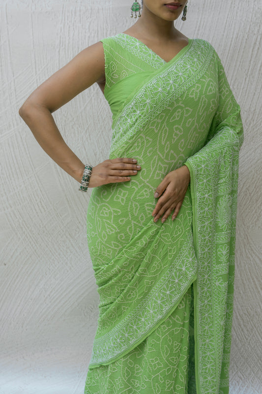 Georgette Lucknowi Light Green Bandhej Saree