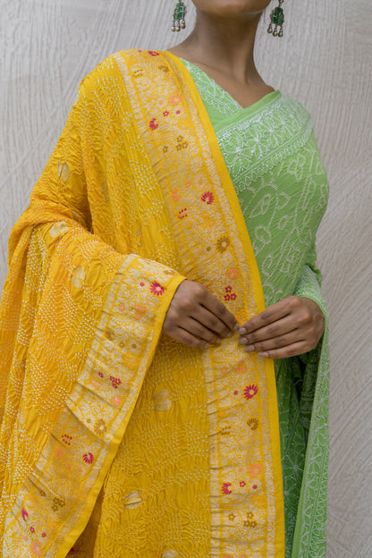 Georgette Lucknowi Light Green Bandhej Saree