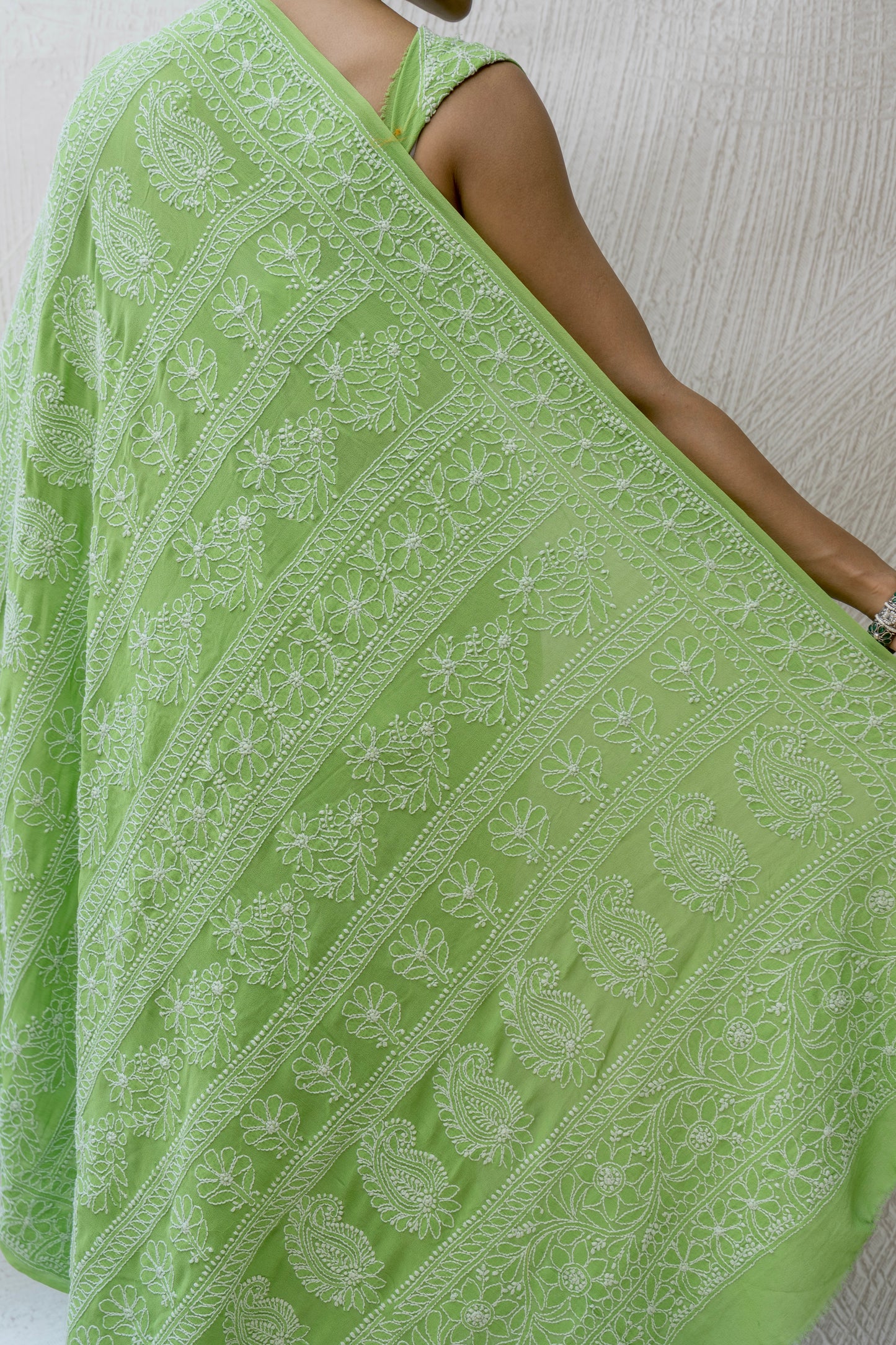 Georgette Lucknowi Light Green Bandhej Saree