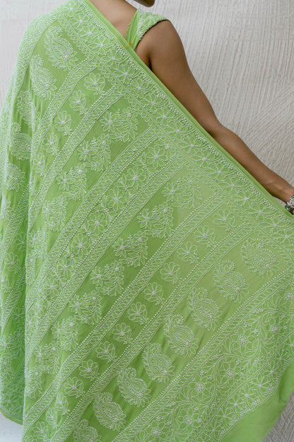 Georgette Lucknowi Light Green Bandhej Saree