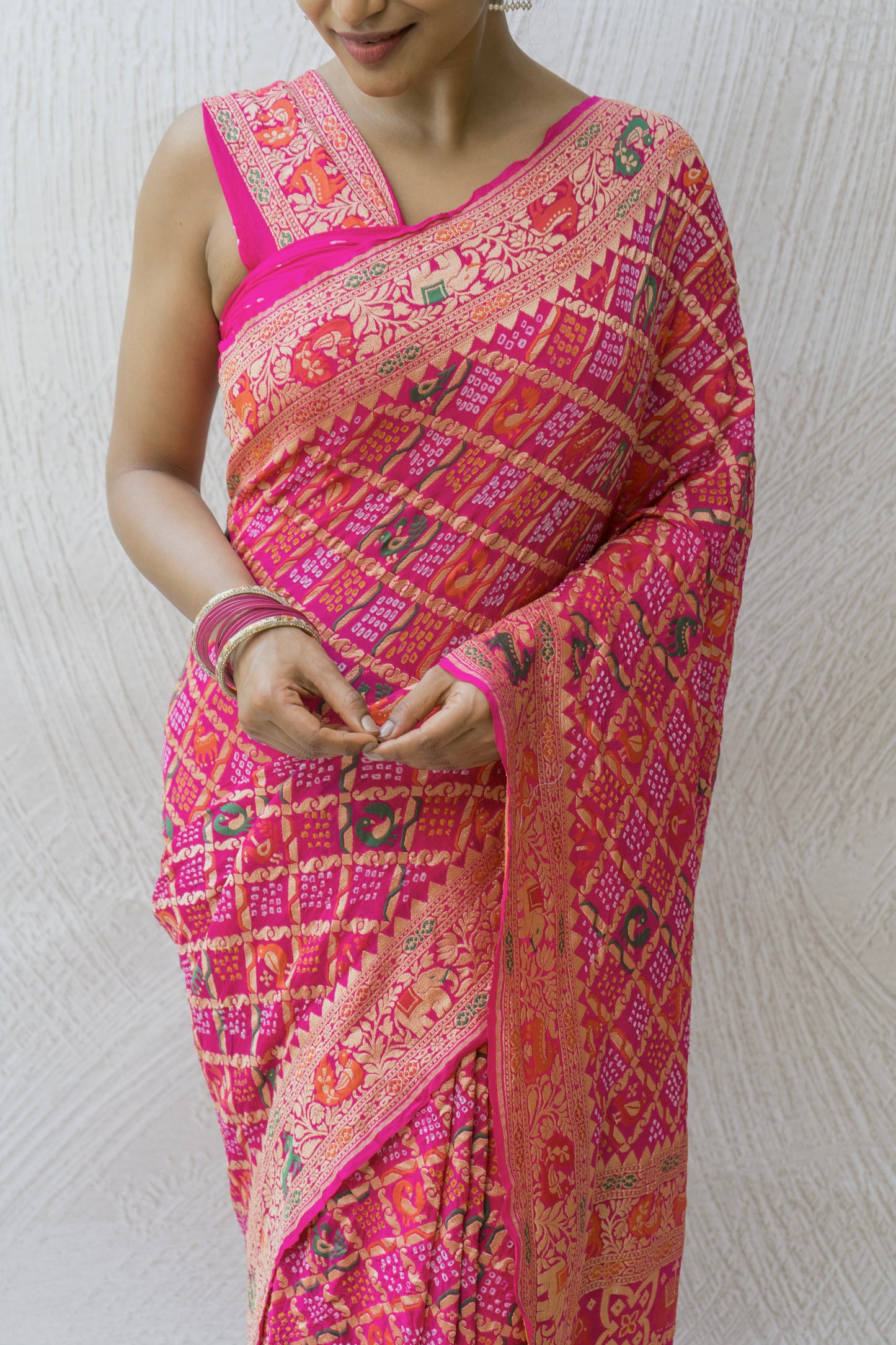 Georgette Shikargah Jaal Meenakari Rani Bandhej Saree