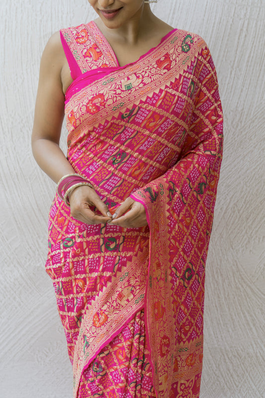 Georgette Shikargah Jaal Meenakari Rani Bandhej Saree