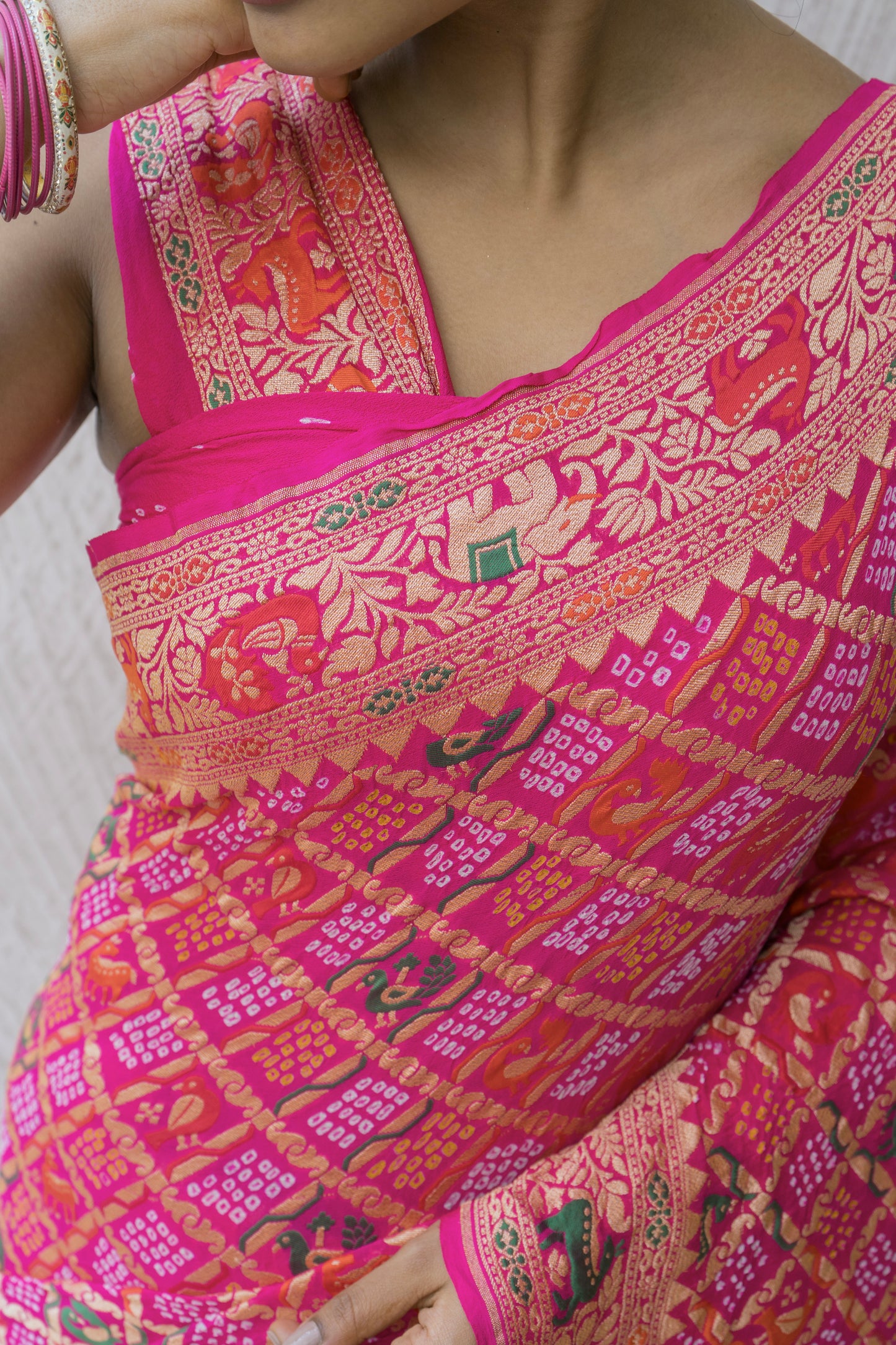 Georgette Shikargah Jaal Meenakari Rani Bandhej Saree