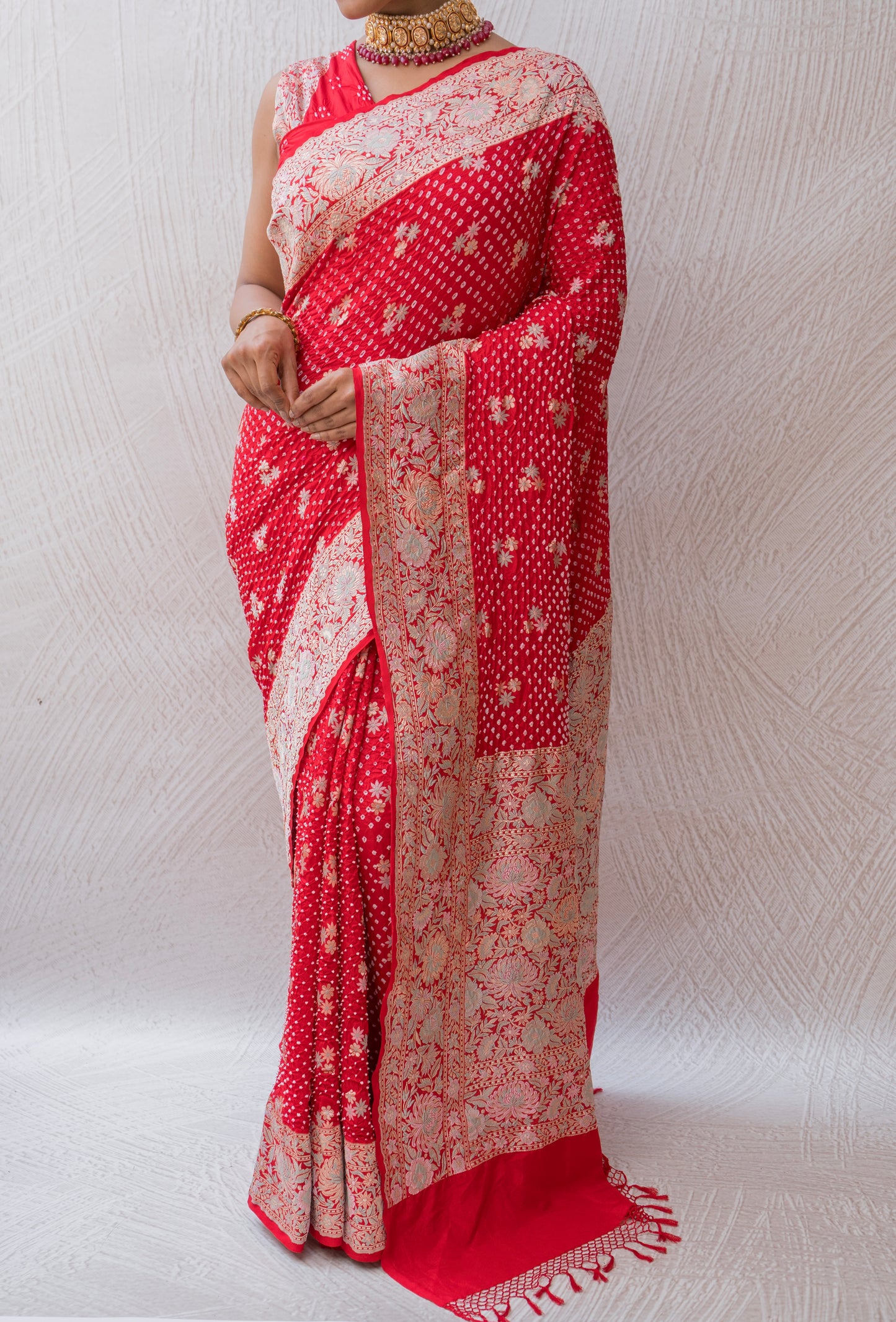 Katan Parsi Boota Red Bandhej Saree