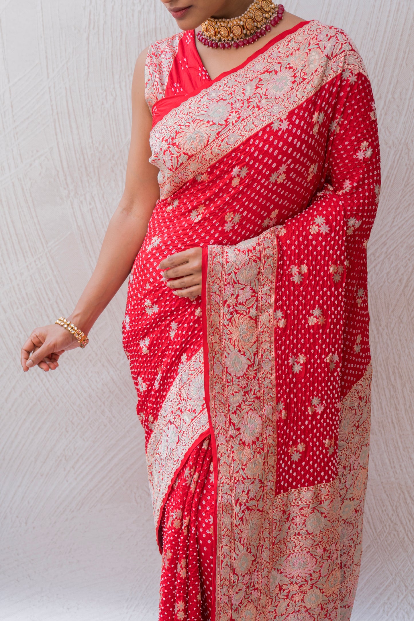Katan Parsi Boota Red Bandhej Saree