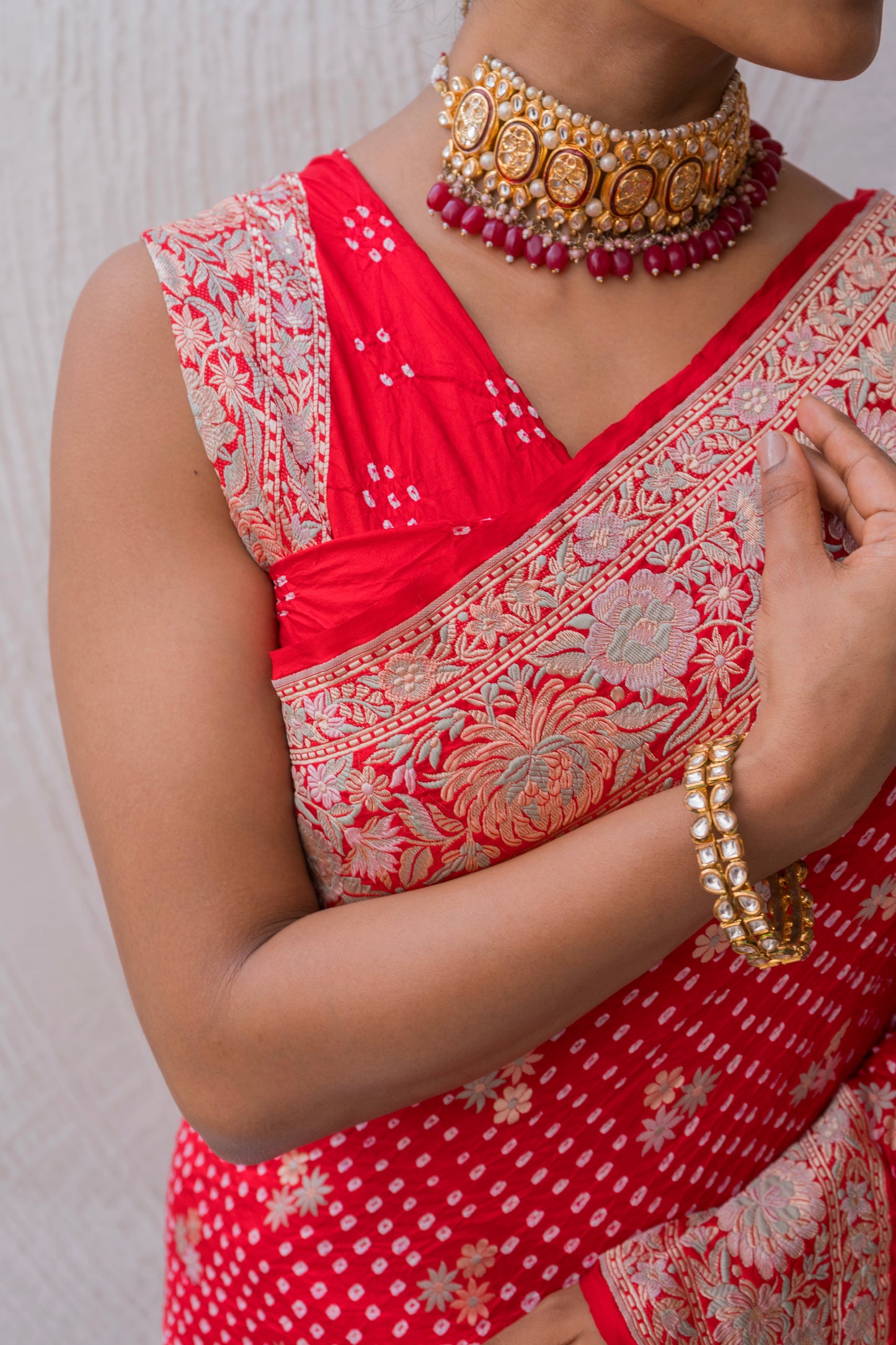 Katan Parsi Boota Red Bandhej Saree
