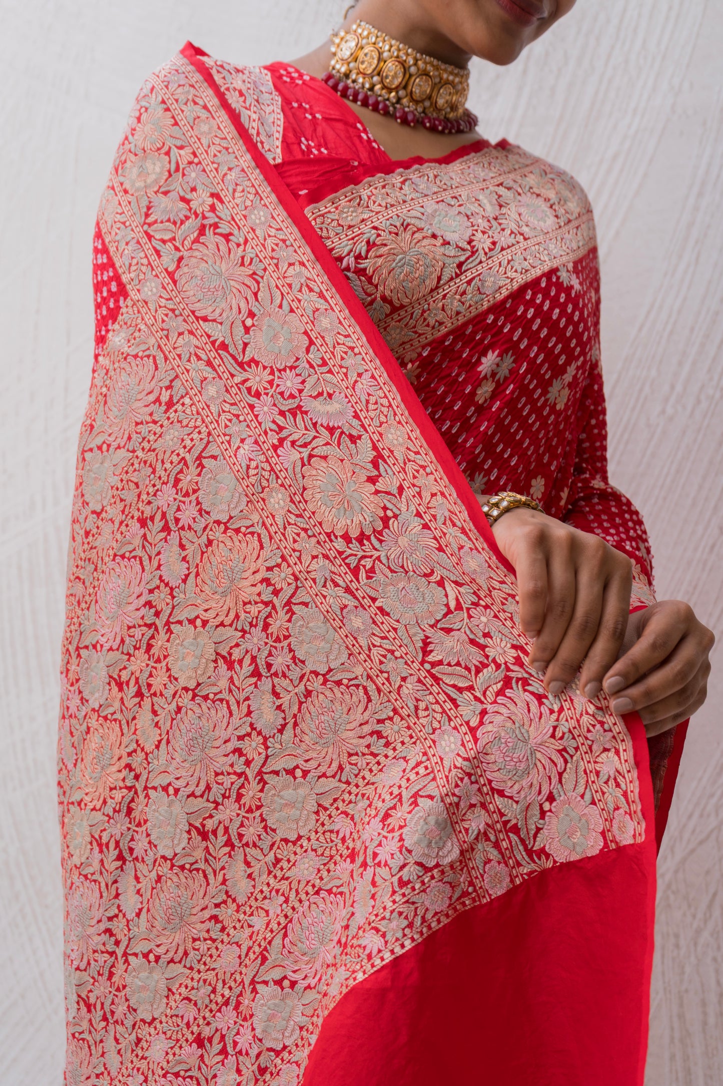 Katan Parsi Boota Red Bandhej Saree