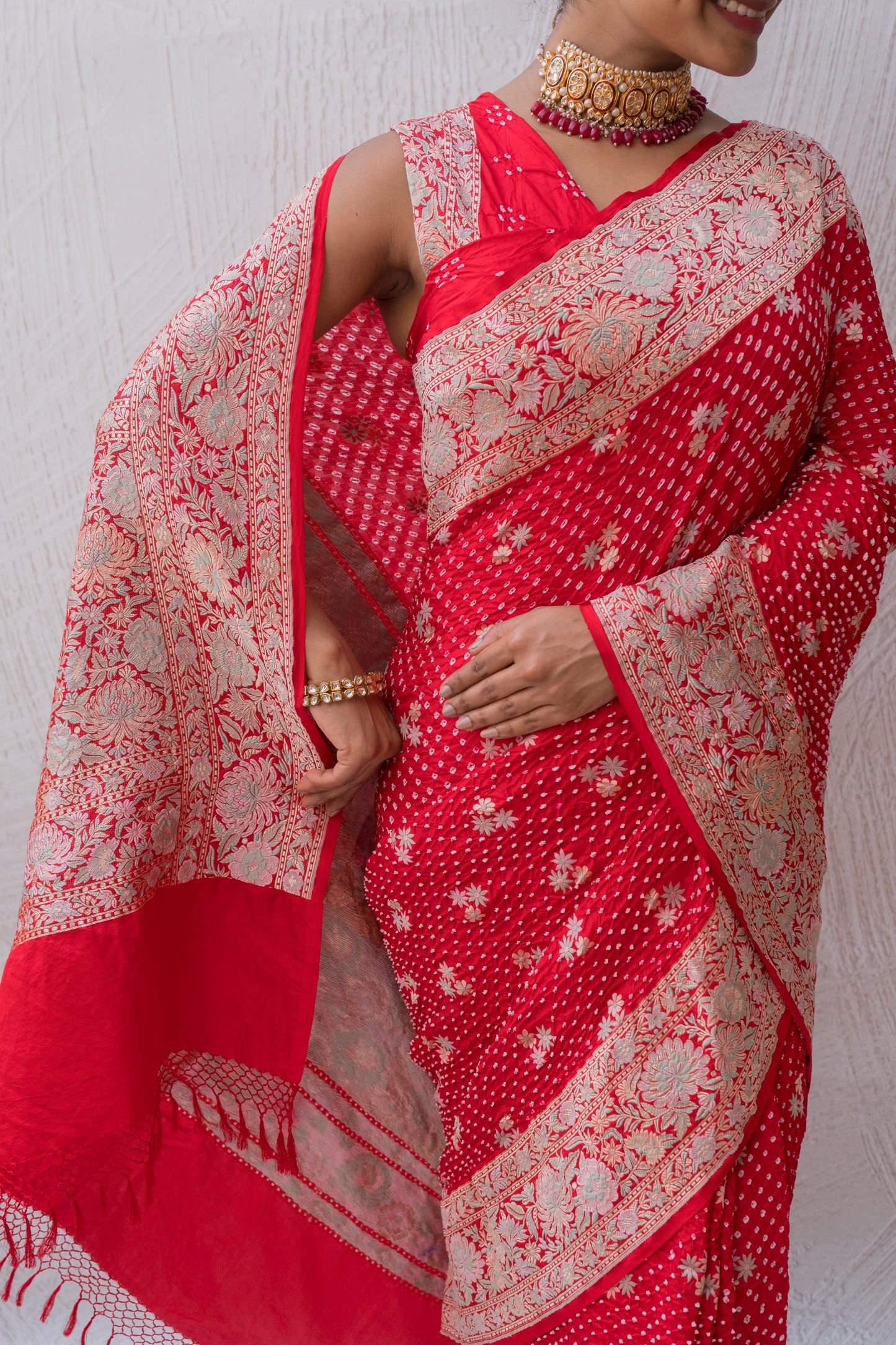 Katan Parsi Boota Red Bandhej Saree