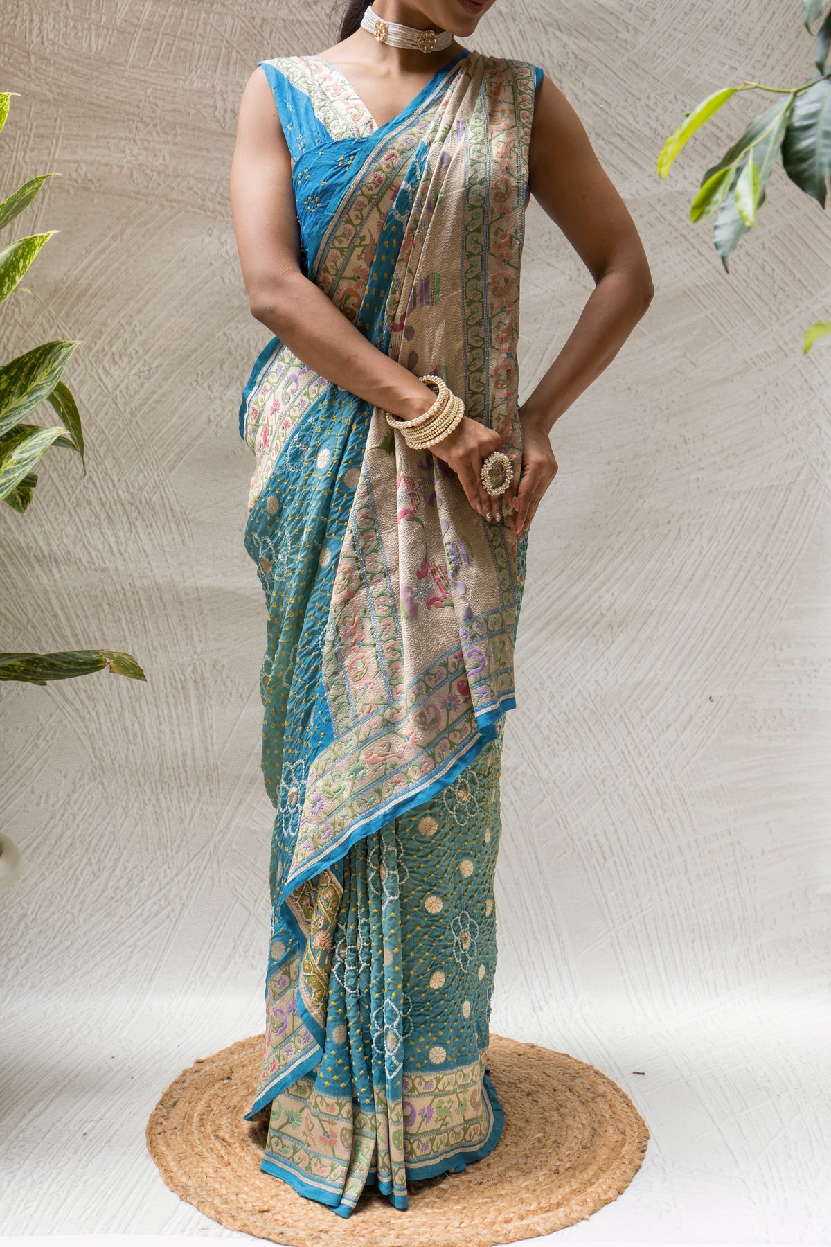 Georgette Boota Ombre Blue Meenakari Bandhej Saree