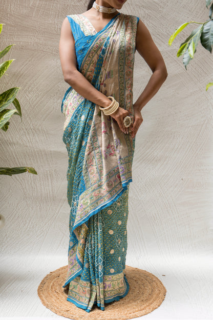 Georgette Boota Ombre Blue Meenakari Bandhej Saree