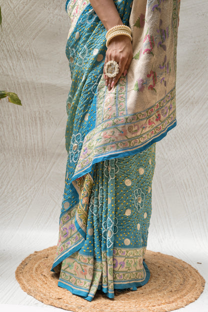 Georgette Boota Ombre Blue Meenakari Bandhej Saree