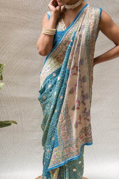 Georgette Boota Ombre Blue Meenakari Bandhej Saree
