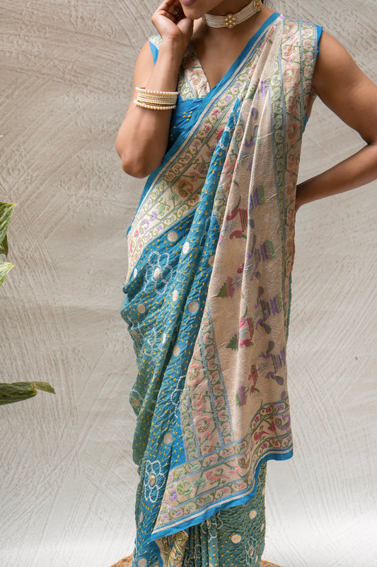 Georgette Boota Ombre Blue Meenakari Bandhej Saree