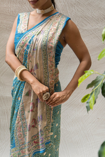 Georgette Boota Ombre Blue Meenakari Bandhej Saree