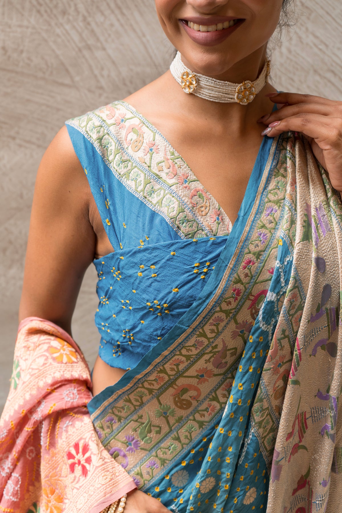 Georgette Boota Ombre Blue Meenakari Bandhej Saree